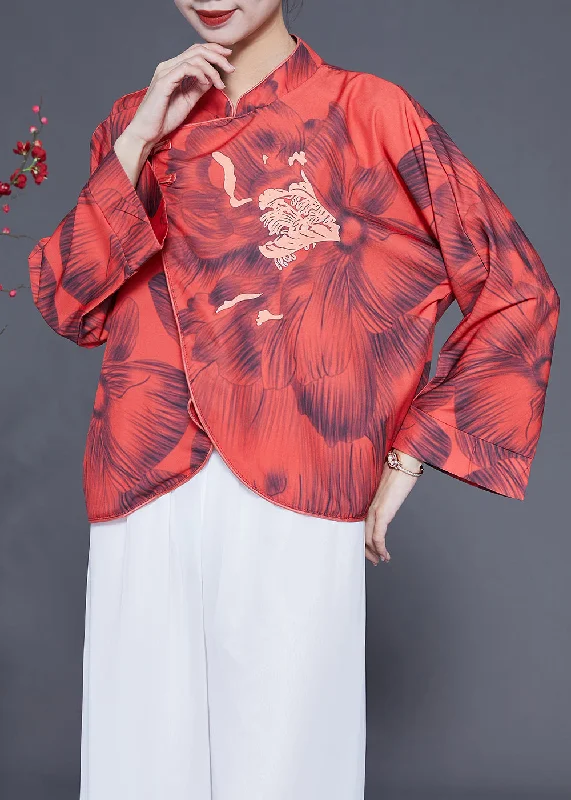 Windbreaker fashion Vintage Red Mandarin Collar Print Chinese Button Silk Jacket Spring