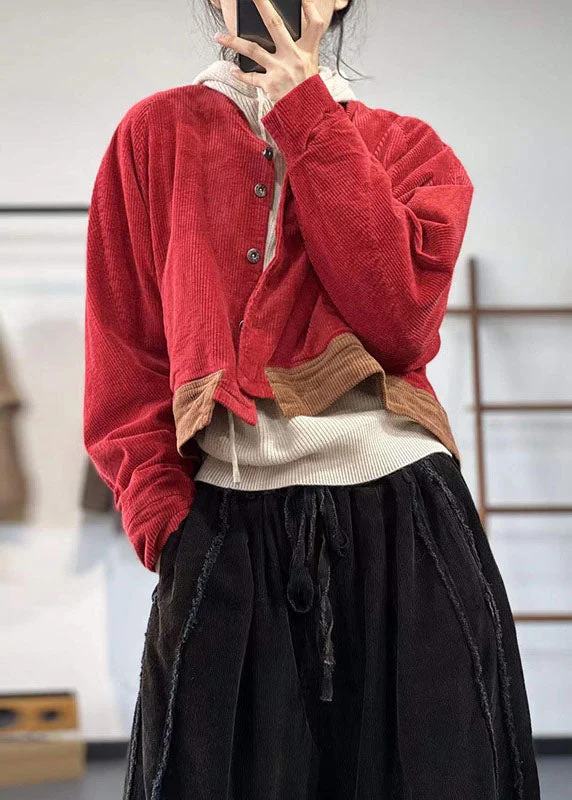 Party Wear Vintage Red Oversized Patchwork Thick Corduroy Coat Winter