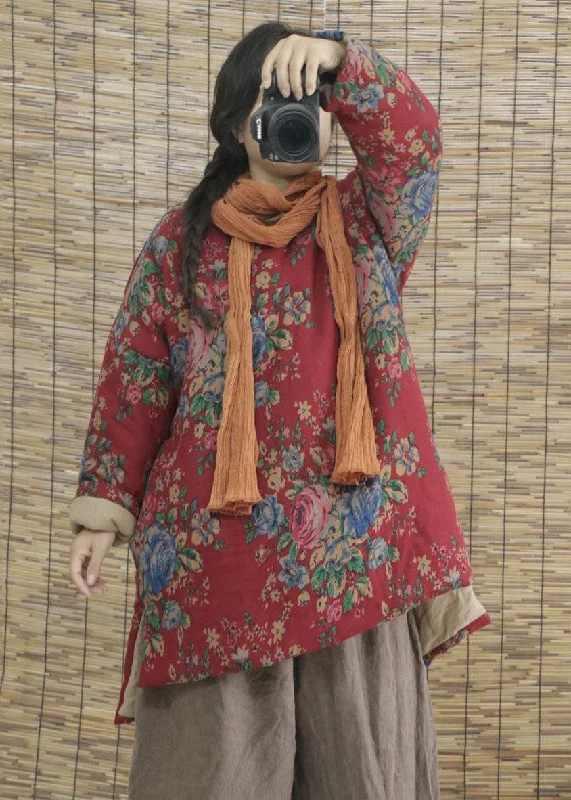 Wandering freely Vintage Red Print Low High Design Fine Cotton Filled Witner Coats