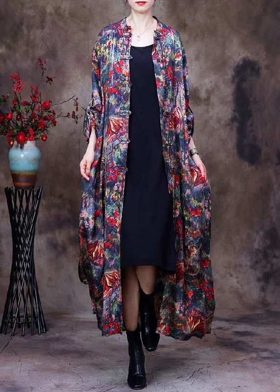 Cool Summer Vintage Red Print Oriental Button Silk Trench Coats Long Sleeve
