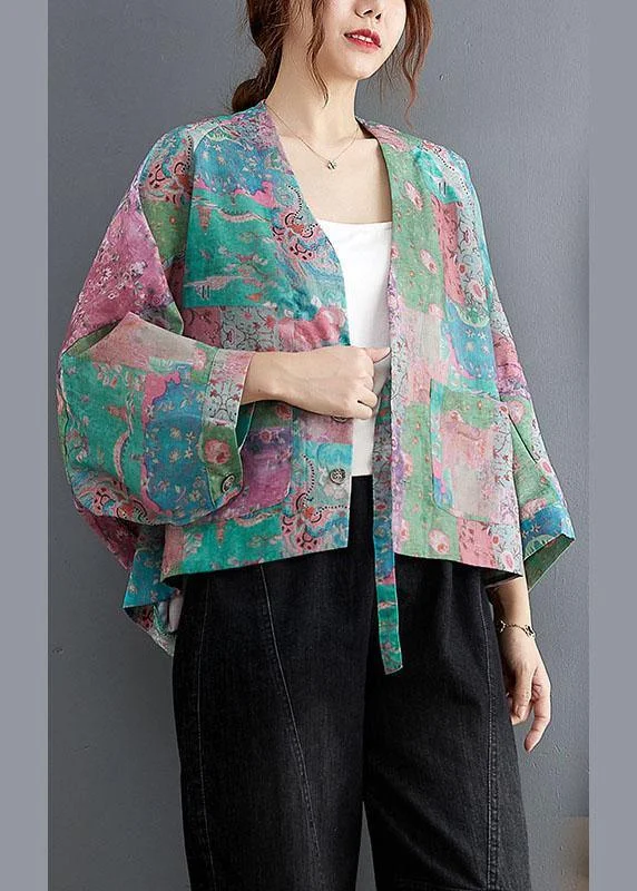 Bottom And Versatile Vintage V Neck Button Pockets Print Fall Coats Long sleeve
