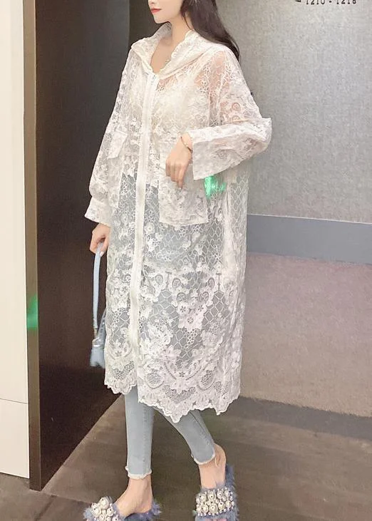 High-quality Fabrics Vintage White Lace Zippered Coat Jacket Hooded Jacket Summer