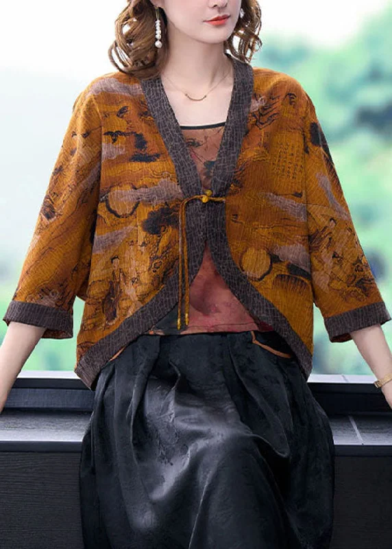 Elegant Style Vintage Yellow V Neck Patchwork Silk UPF 50+ Coat Outwear Batwing Sleeve