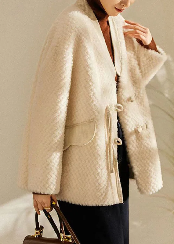 Women Beige Tasseled Chinese Button Patchwork Wool Coats Winter