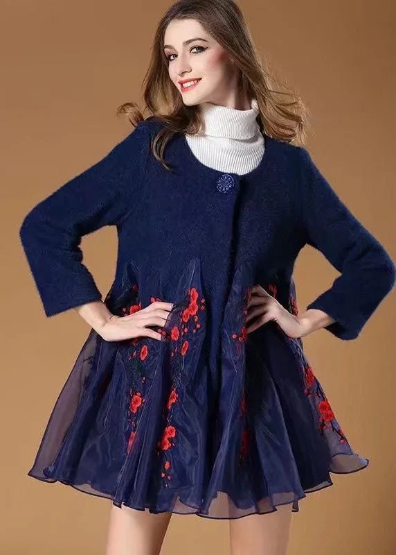 Women Blue Organza Patchwork Embroideried Wool Coats Winter