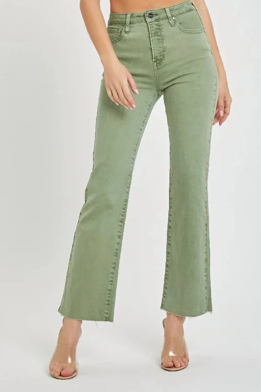 Weekend Comfort High Rise Raw Hem Straight Leg Jeans In Olive