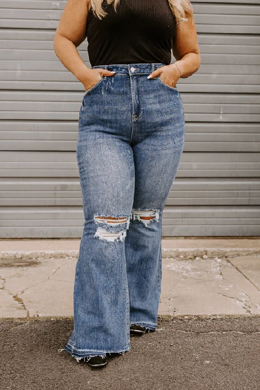 Risen The Sequoia High Waist Distressed Flare in Dark Wash Curves