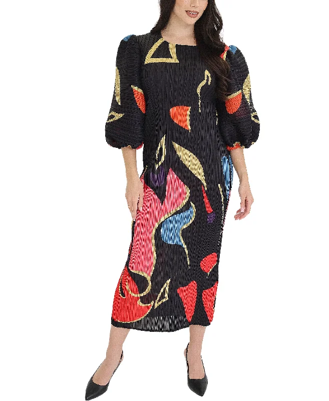 Windbreaker fashion Abstract Print Plisse Midi Dress