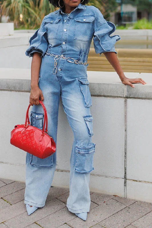 Versatile Style Stylish Flap Pocket Button Bleach Wash Jumpsuit