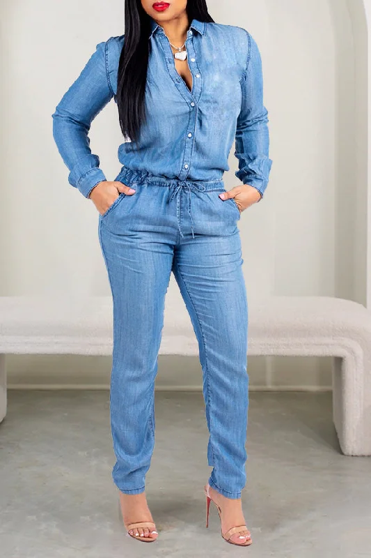 Breathable Comfort Casual Versatile Denim Drawstring Jumpsuit
