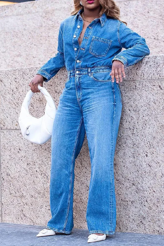 Nightclub Style Stylish Single Breasted Denim Jumpsuit
