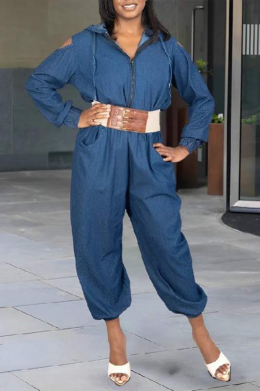 Soft Touch Chic Cold-shoulder Hooded Denim Jumpsuit