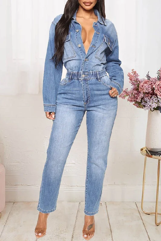 Trendy Wear Stylish Lapel Pocket Denim Jumpsuit