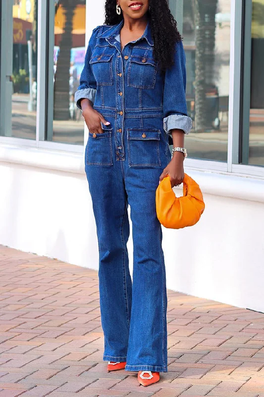 Soft Relaxation Wear Vintage Flap Pocket Single Breasted Jumpsuit