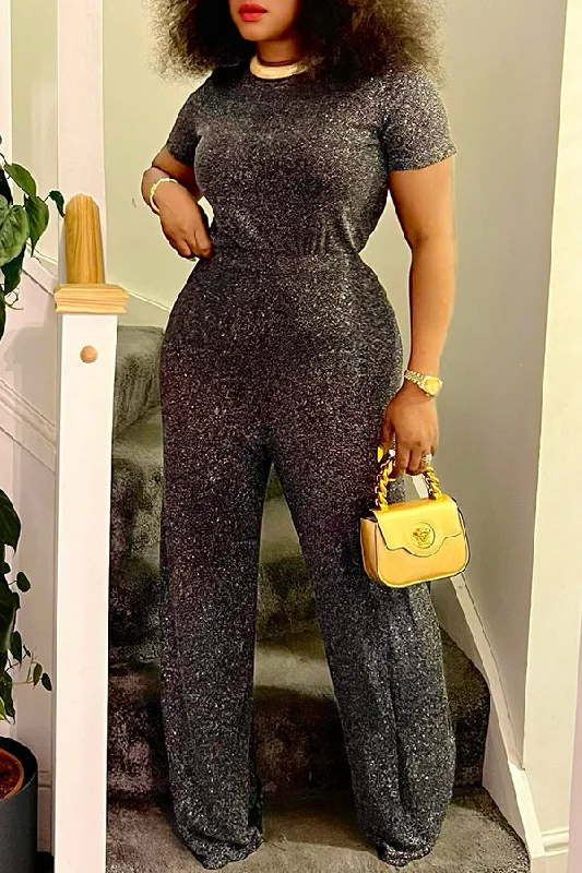 Easy Comfort Style Gorgeous Round Neck Glitter Jumpsuit