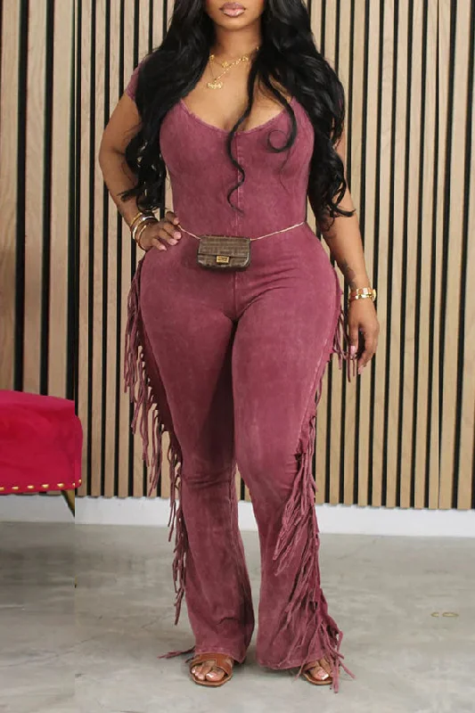 Floral Prints Casual Round Neck Fringe Trim Jumpsuit