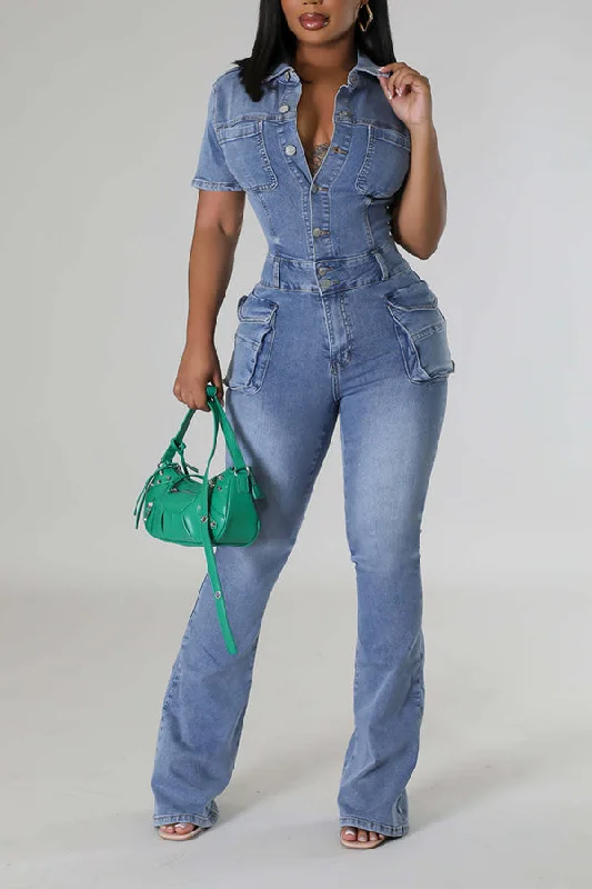 Modern Chic Stylish Denim Flap Pocket Jumpsuit