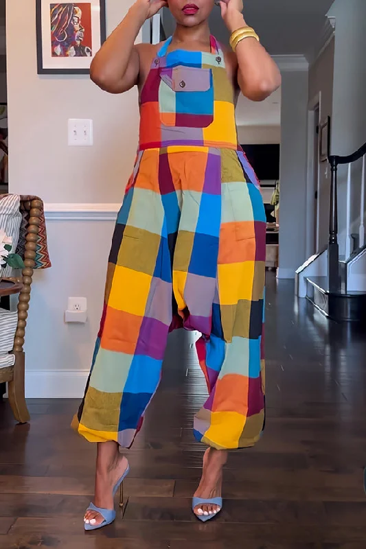 Versatile Items Summer Colourful Colorblock Halter Overalls