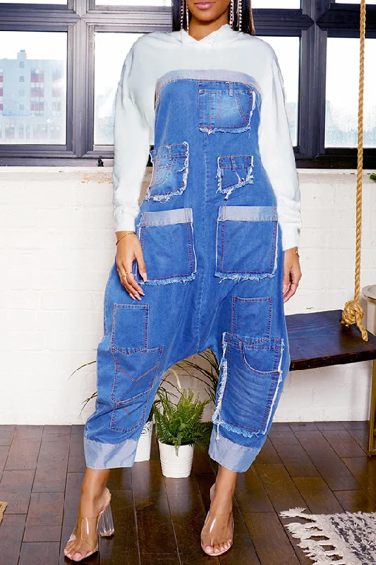 Fresh And Simple Chic Pocket Detail Bandeau Top Denim Jumpsuit