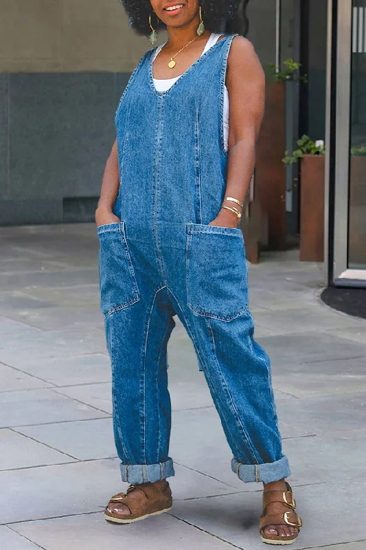 Celebrity Picks Stylish Patched Pocket Denim Jumpsuit