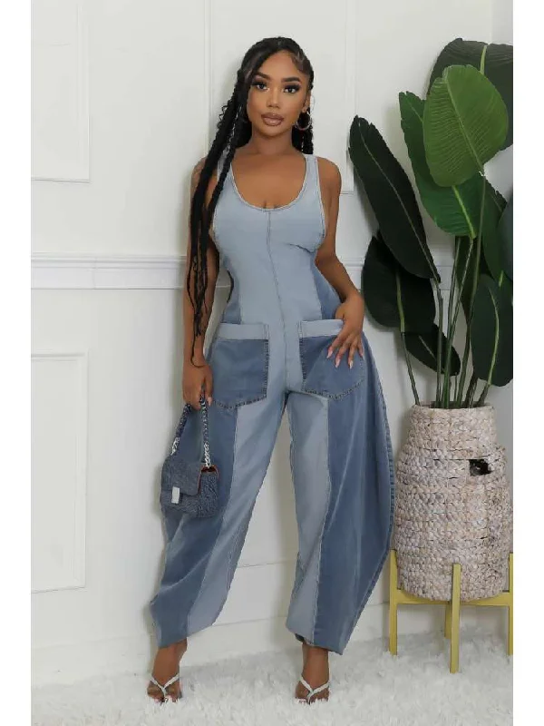 Simple Elegance Colorblock Denim Loose Overalls Jumpsuits