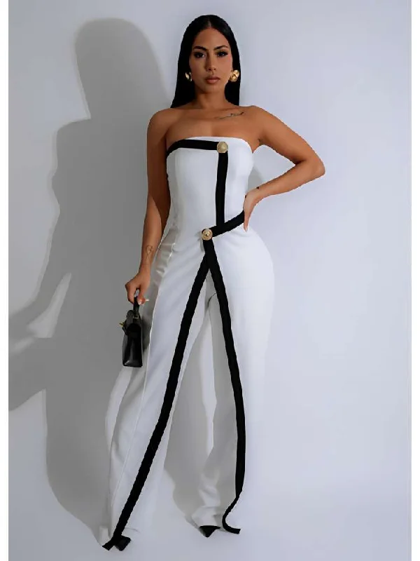 Casual Style Colorblock Metal Decor Strapless Jumpsuits