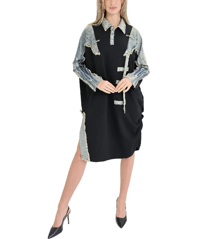 Comfortable Tops Distressed Denim & Fleece Dress