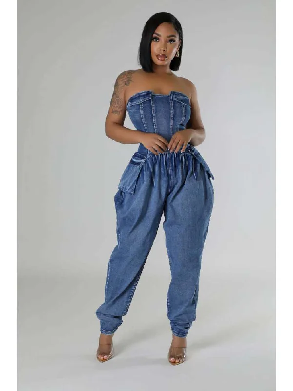 Advanced Design Duffel Bag Strapless Fitted Denim Jumpsuits