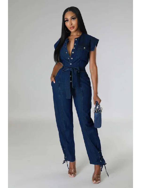 Comfortable And Versatile Eyelets Denim Lace Up Sleeveless Jumpsuits