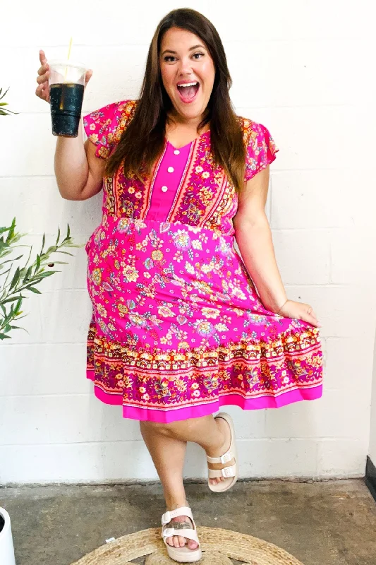 Classic Retro Find Romance Fuchsia Boho Floral Button V Neck Ruffle Dress