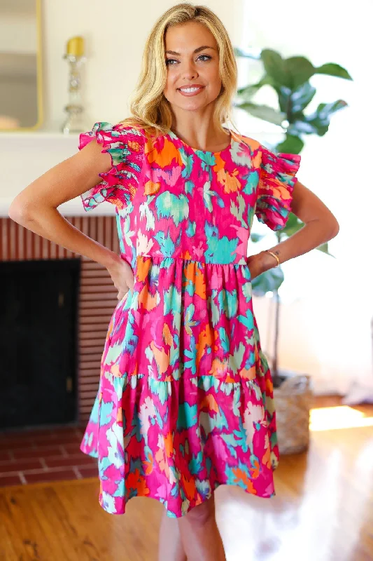 Casual Chic Look of Love Fuchsia Abstract Floral Print Smocked Ruffle Sleeve Dress
