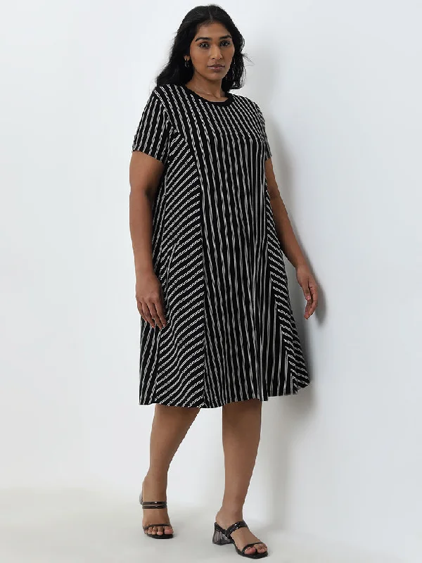 Soft Comfort Gia Black Striped A-Line Dress
