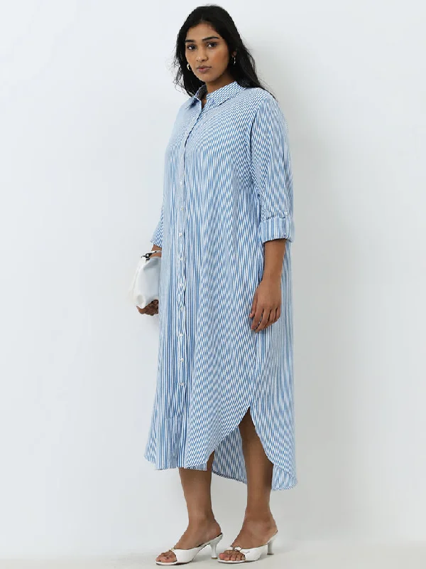 Lazy Style Gia Blue & White Striped Shirt Dress