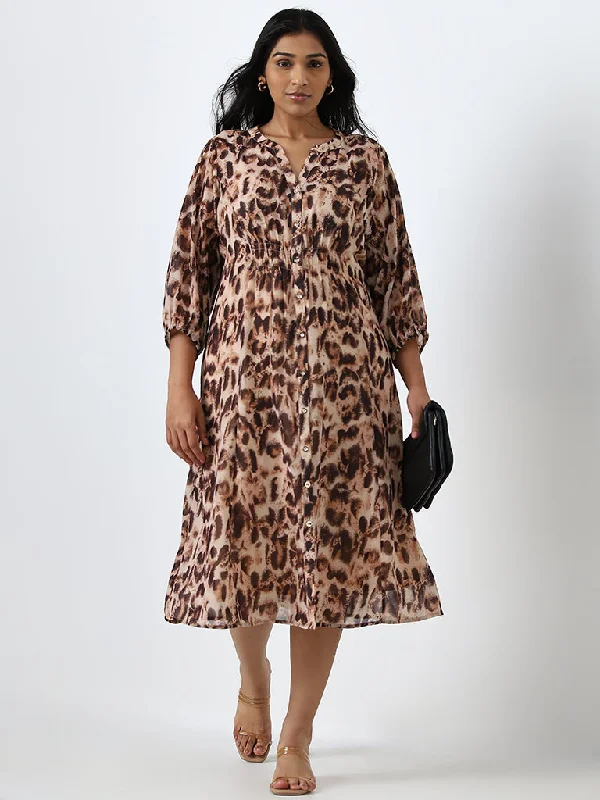 British Style Gia Brown Animal Print A-Line Dress with Camisole