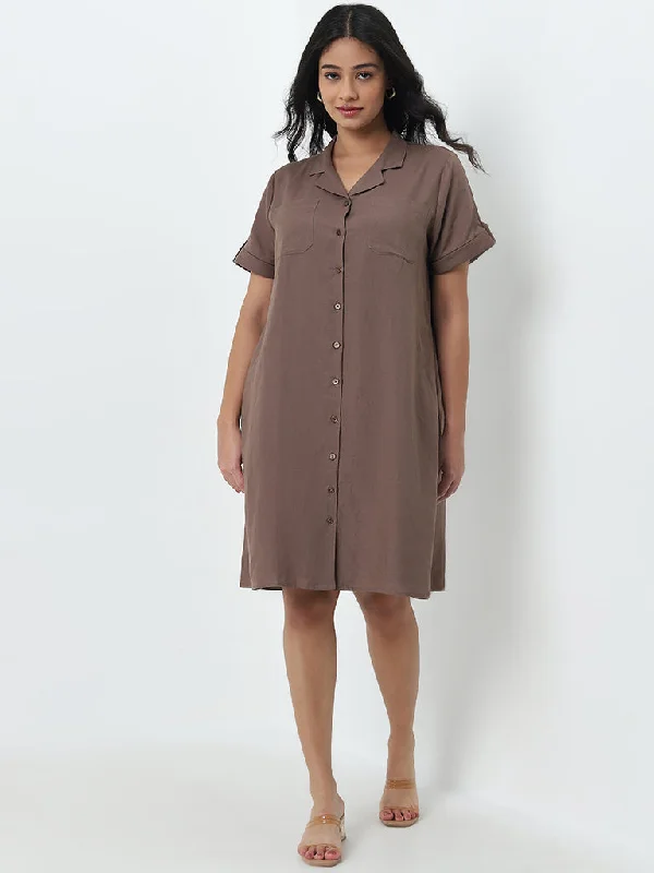 Unique Design Gia Dark Brown Solid Blended Linen Shirt Dress