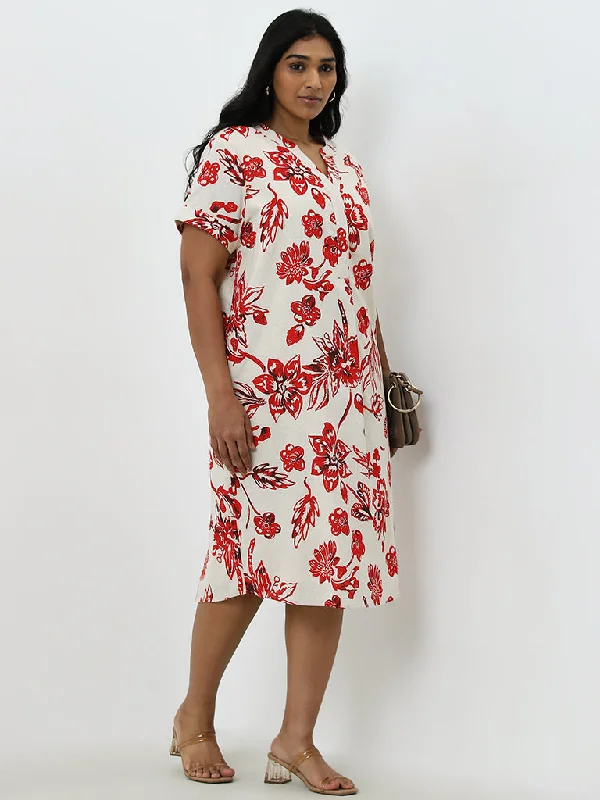 Classic And Versatile Gia Red Floral Printed Cotton Blend Straight Dress