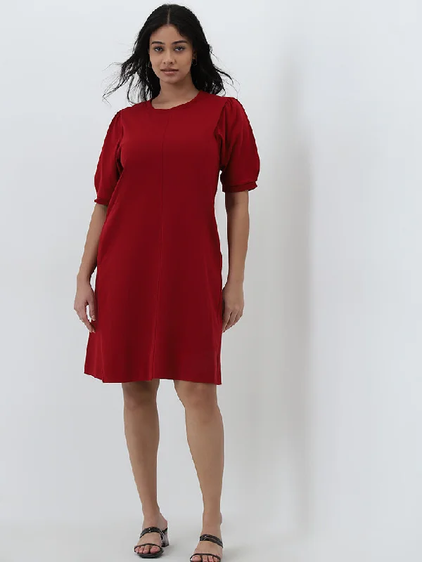 American Style Gia Red Solid A-Line Cotton Dress