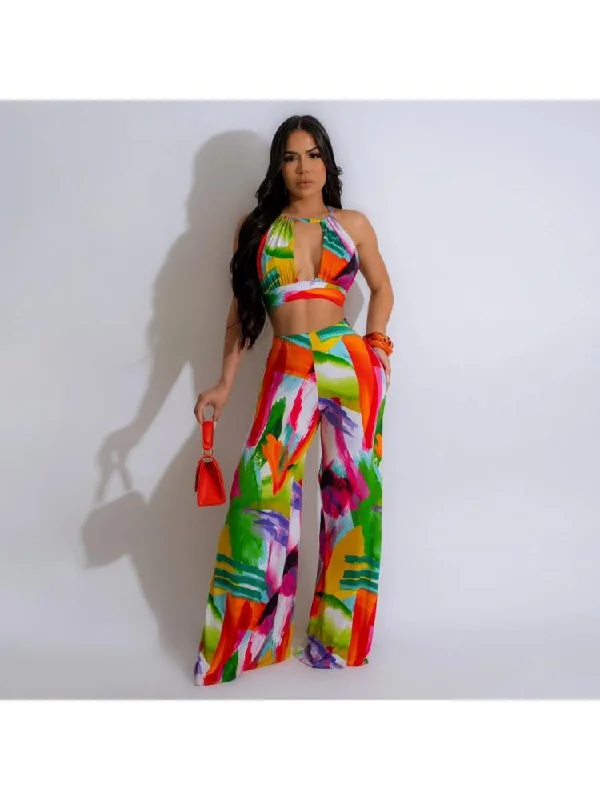 Basic Version Halter Print Backless Wide Leg Jumpsuits