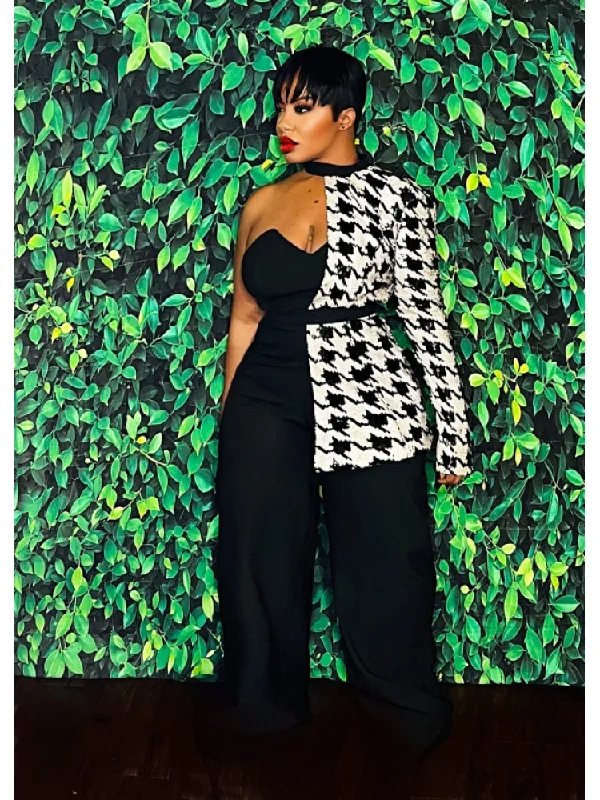 Embroidered Letters Houndstooth One Shoulder Jumpsuit Sets
