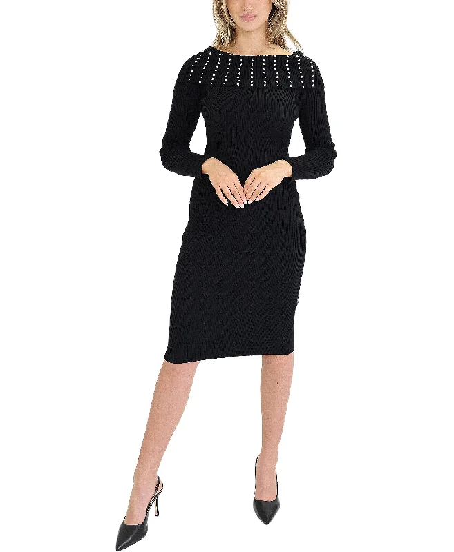 Comfortable Chic Knit Ribbed Dress w/ Rhinestones
