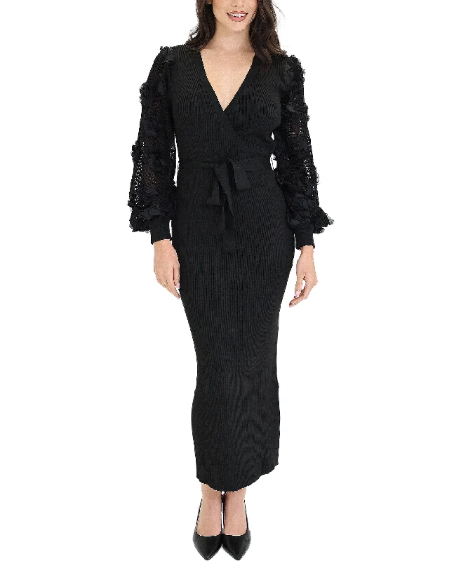 Relaxed Weekend Wear Knit Ribbed Surplice Dress w/ Rosettes