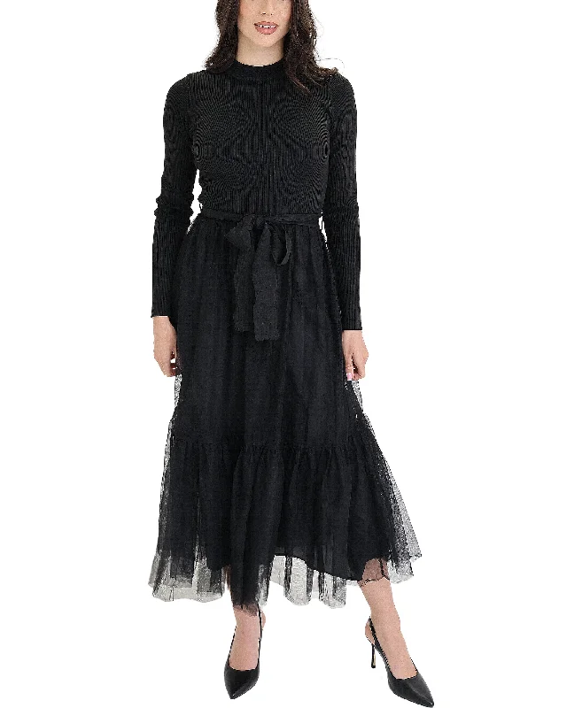 Everyday Chic Knit Ribbed Tulle Midi Dress