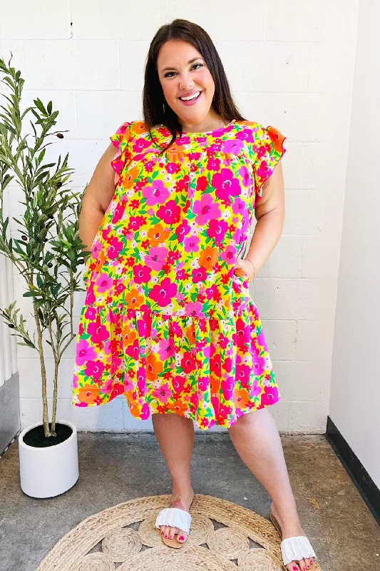 Comfortable Fashion Be Charming Lime & Pink Floral Print Tiered Ruffle Sleeve Dress