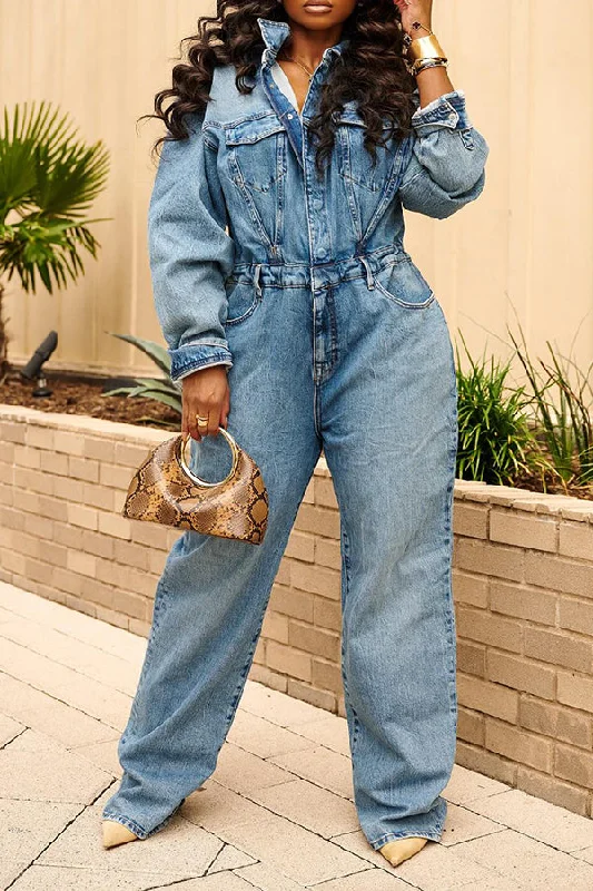 Everyday Style Casual Loose Denim Wide Leg Jumpsuits