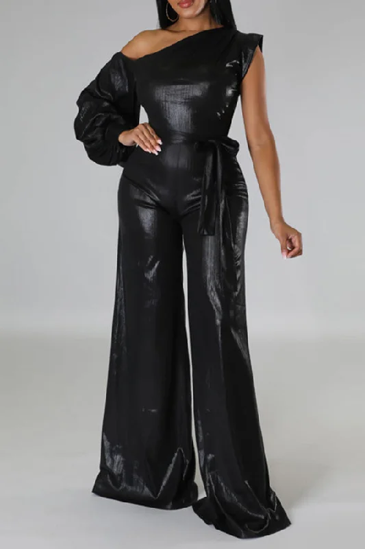 Soft Layers Stylish Oblique Shoulder Lantern Sleeve Jumpsuit