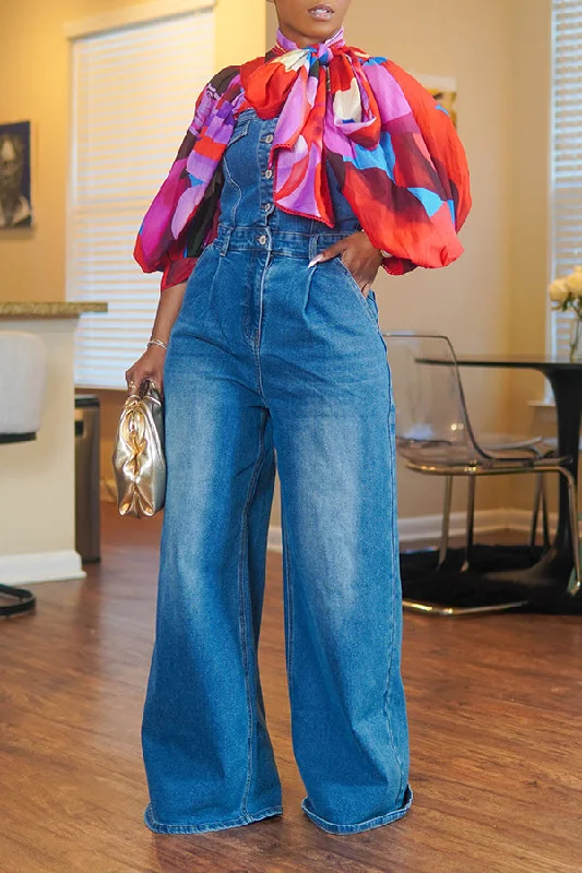Noble And Elegant Stylish Denim Bandeau Wide Leg Jumpsuit