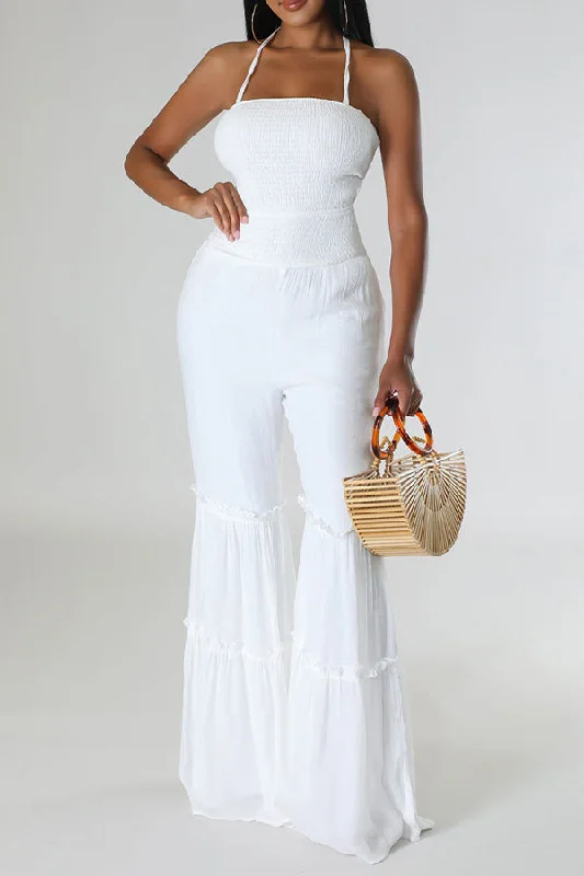 Comfy Chic Halter Shirred Ruffle Hem Jumpsuit