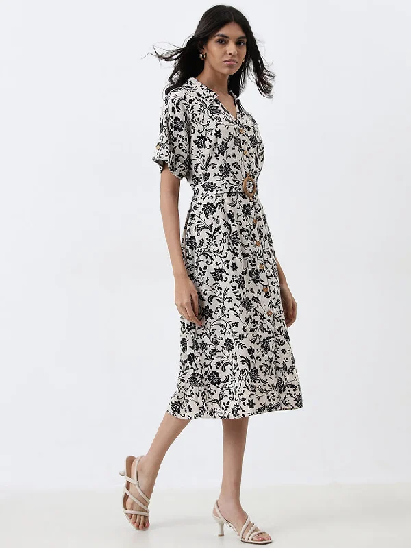Fashionable Inner Wear LOV Beige Floral Design Shirt Dress