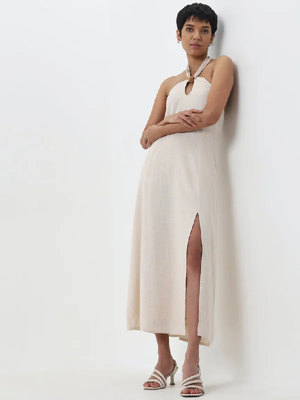 Warm Chic Outfits LOV Beige Off-Shoulder Blended Linen Dress