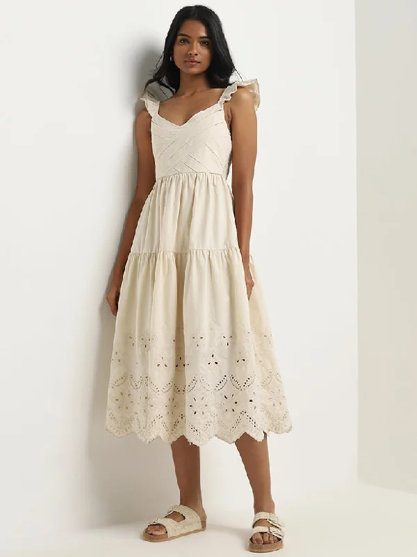 Bright Colors LOV Beige Schiffli Design Tiered Cotton Dress